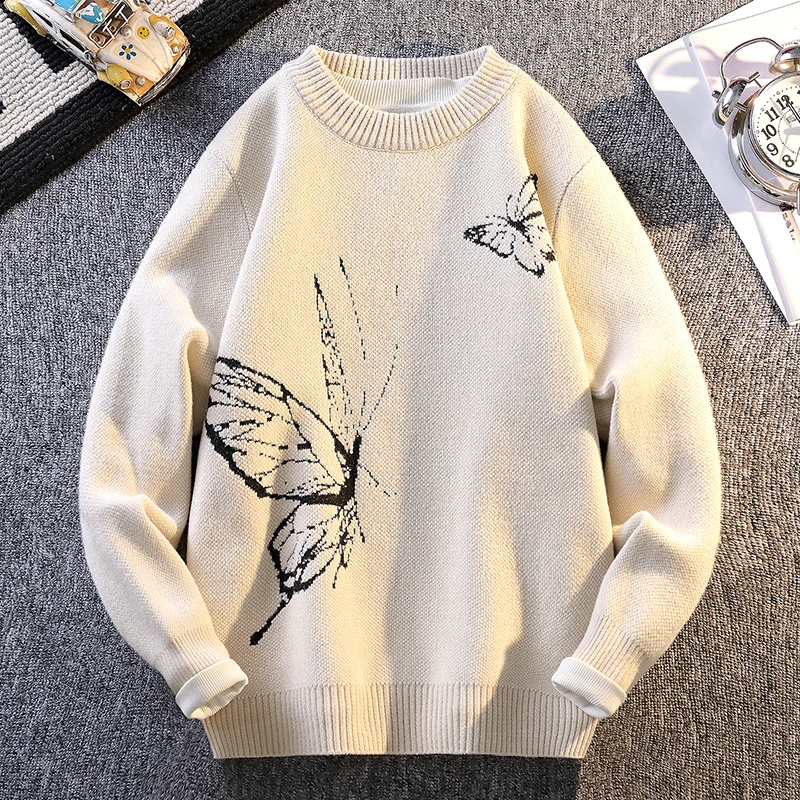 

Осень/зима модный свитер с круглым вырезом и принтом бабочки, однотонный теплый вязаный свитер, мужской пуловер, домашняя одежда