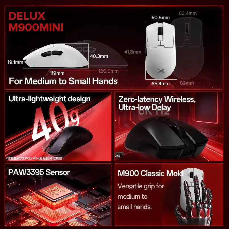 Delux M900mini Pro E-Sports Gaming Mouse Wireless Dual-Mode 8k Paw3395 Right-Handed Ergonomic Lightweight Laptop Game Mouse