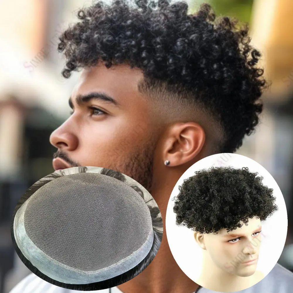 

8mm/15mm Afro Kinky Curly Australia Male Hair Prosthesis Lace Top With PU Base Natural Black Human Hair20mm Curly Toupee For Men