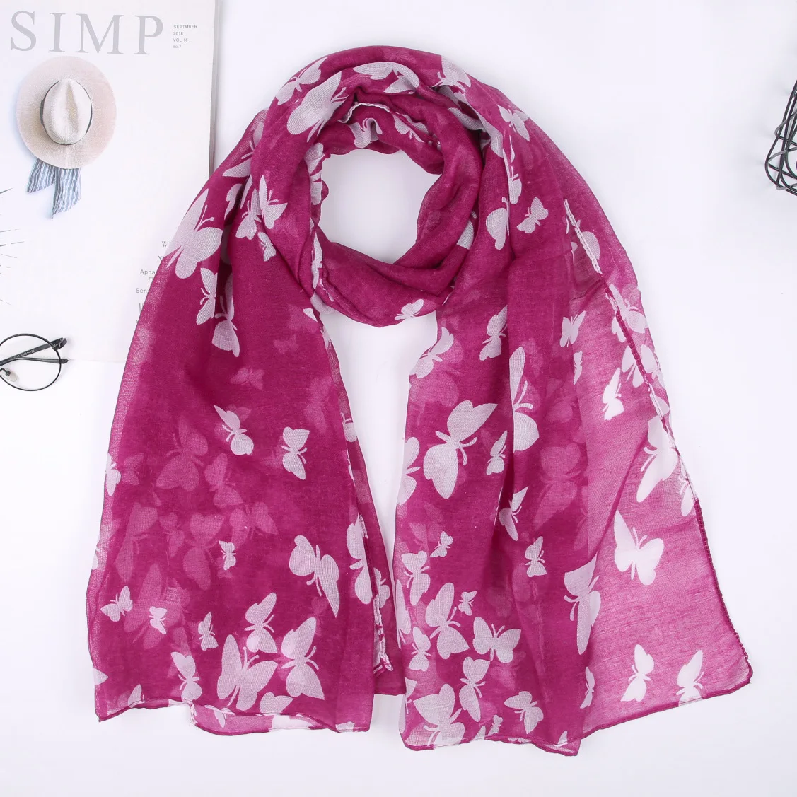 New Butterfly Print Scarf Wholesale Scarves Fashion Cotton and Linen Blend Thermal Shawl Woman Wrap Lady Headband