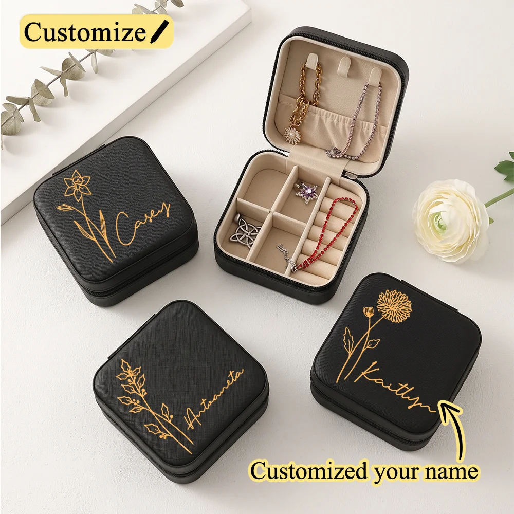 Personalized Travel Jewelry Box With Birth Flower,Small Square Earring Necklace Storage Box,Bridesmaid Gifts For Sister,Friend