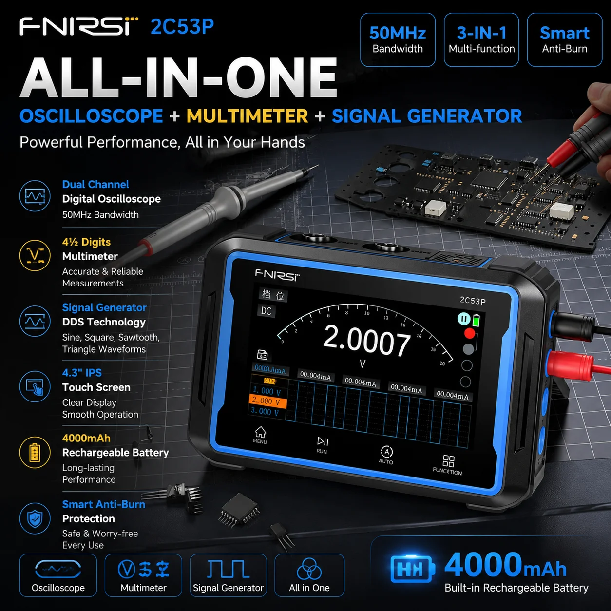 FNIRSI 2C53P 3IN1 Touch Screen Digital Oscilloscope Multimeter Signal Generator Dual Channel 50MHz 250Ms/S 19999 Counts Portable
