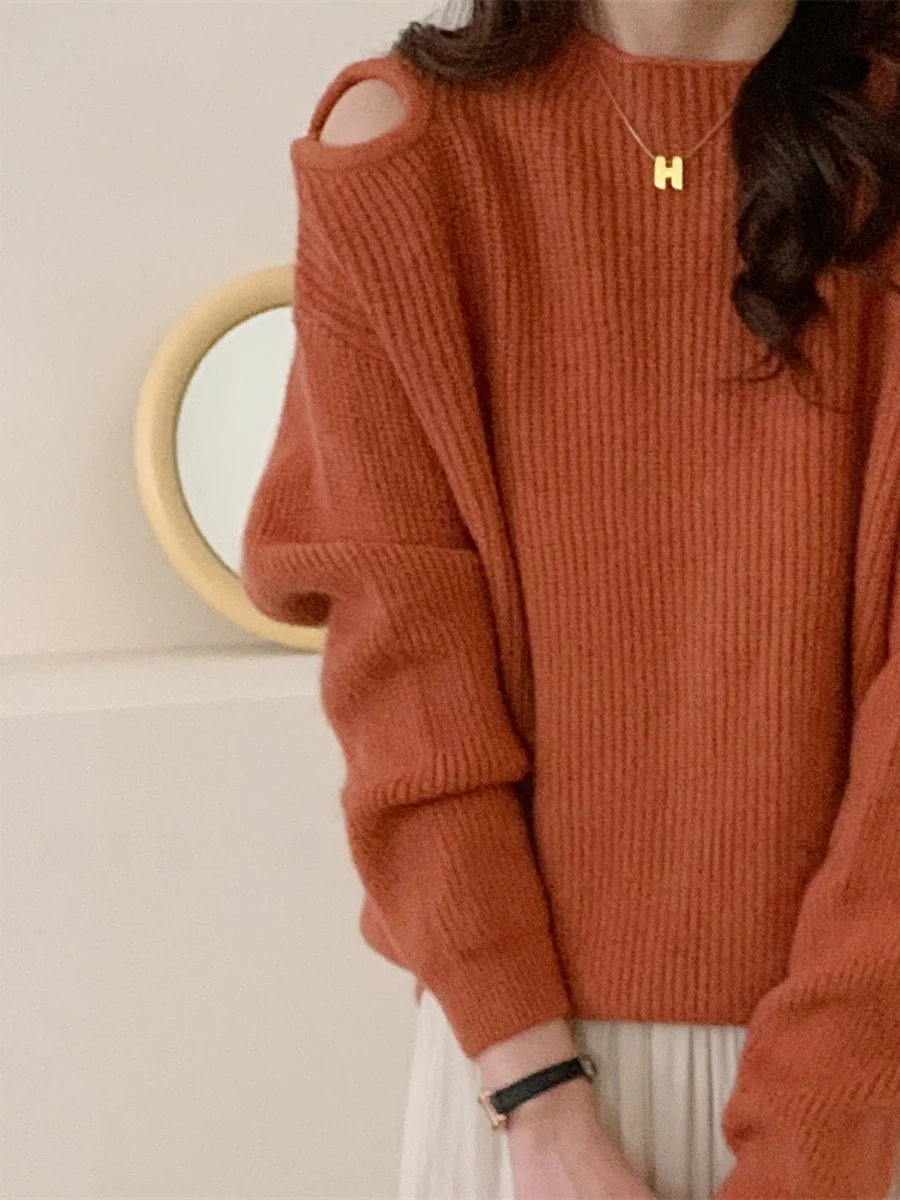 

Shoulder Bared Thickened Knitted Sweater Soft round Neck Overhead Style Caramel Macchiato Sleeve Design Commute Style Pure Color