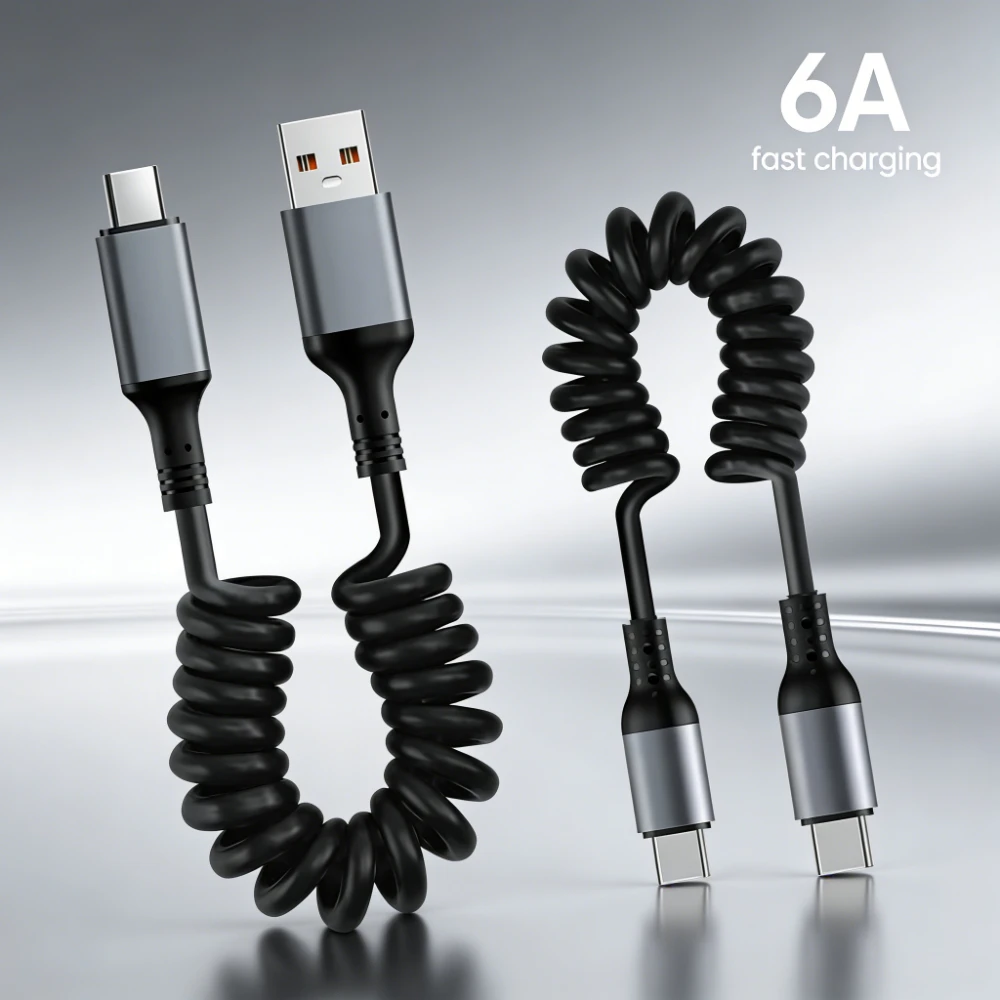 6A 66W USB Typ-C Kabel PD Schnellladung Einziehbares Spiralkabel für iPhone Samsung Xiaomi Huawei USB-C Telefonladekabel