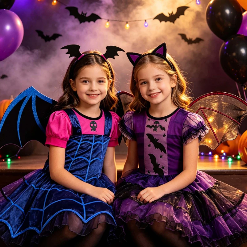 Halloween Fancy Costume Dress Girls Cute Bat Wing Outfit Kids Role‑Play Tutu Dress for Cosplay Carnival Performance Events