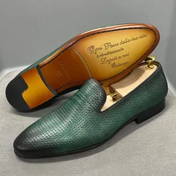 Fashion Mens Loafer Shoes Leather Green Casual Dress Shoes Slip-On Genuine Leather Wedding Party Formal Suit Shoes for Men