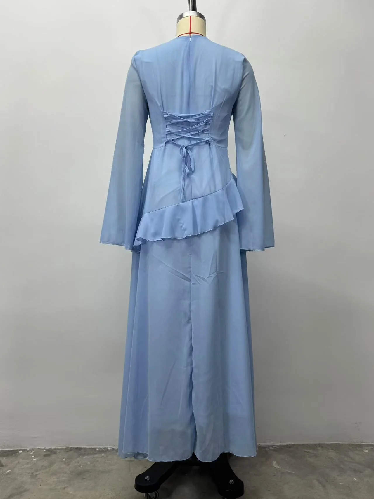 Women Solid Ruffle Chiffon Long Dress Elegant O-Neck Flare Sleeve Slim Maxi Dress 2026 New Lady Wedding Guest Evening Party Robe