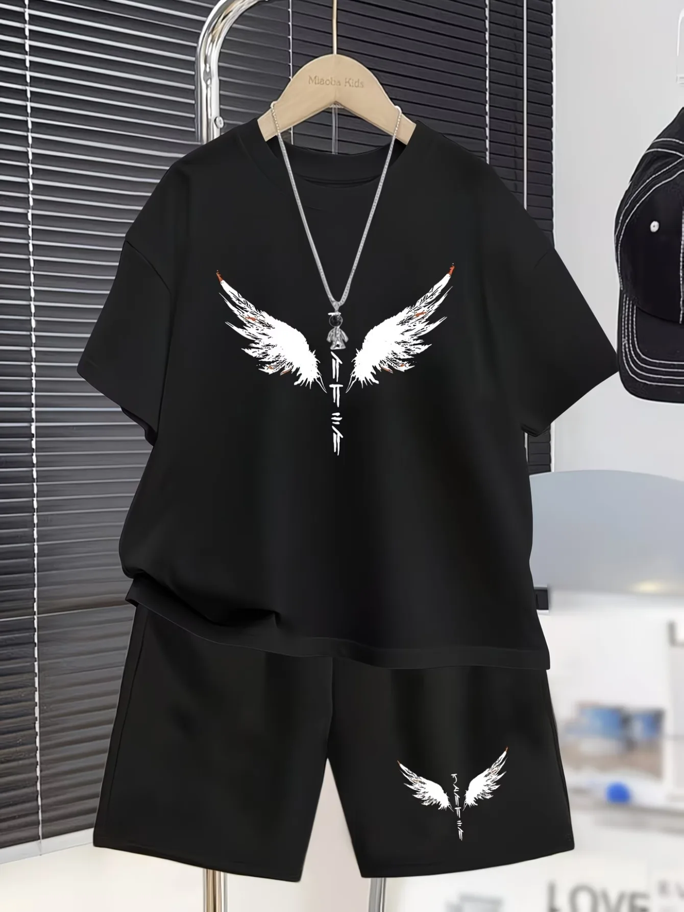 Children Summer Wear Wings Print Suit Boys Black Cool Short Sleeve Shorts Two Sets of Light Breathable Not Stuffy Sweat
