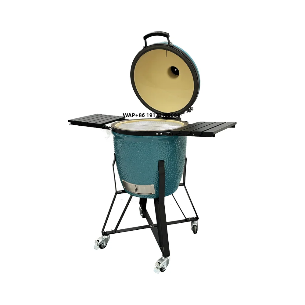 

22-Inch Glossy Light Blue Ceramic Kamado Grill with Smoker Function Modern Style for 5+ People Outdoor BBQ
