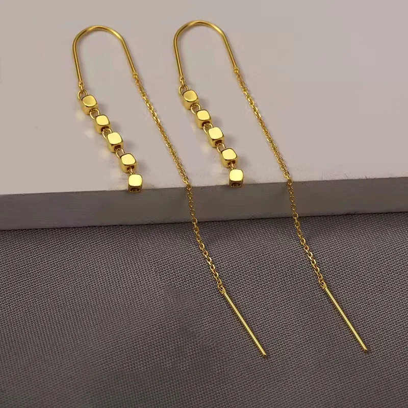 

24K gold small square earrings long geometric earrings AU999 pure gold ladies temperament ear hooks and earrings gift