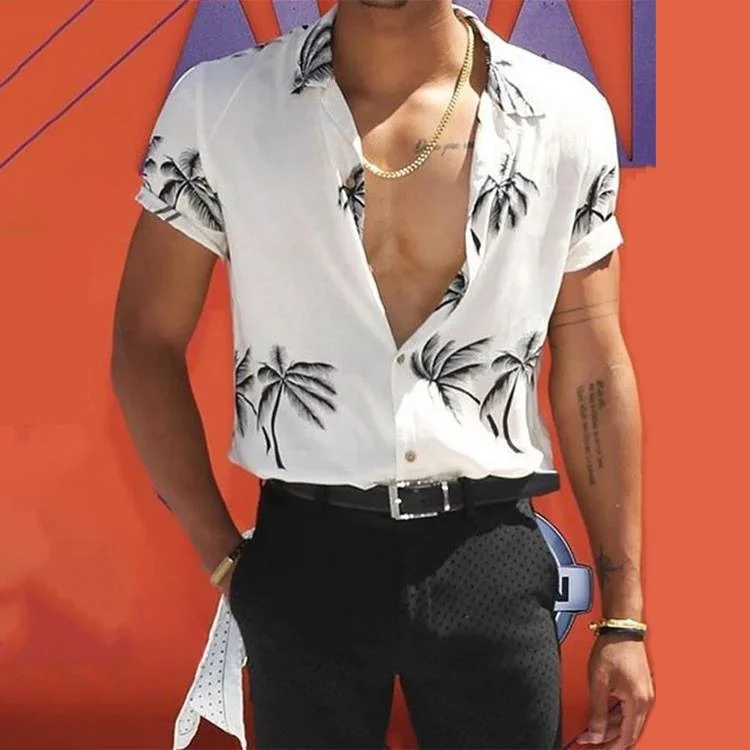 

Hawaiian Beach Print ort Sve Men's irt Summer Sle Floral Pattern Youthful Trend Color Woven Fabric Iron-Free Treaent