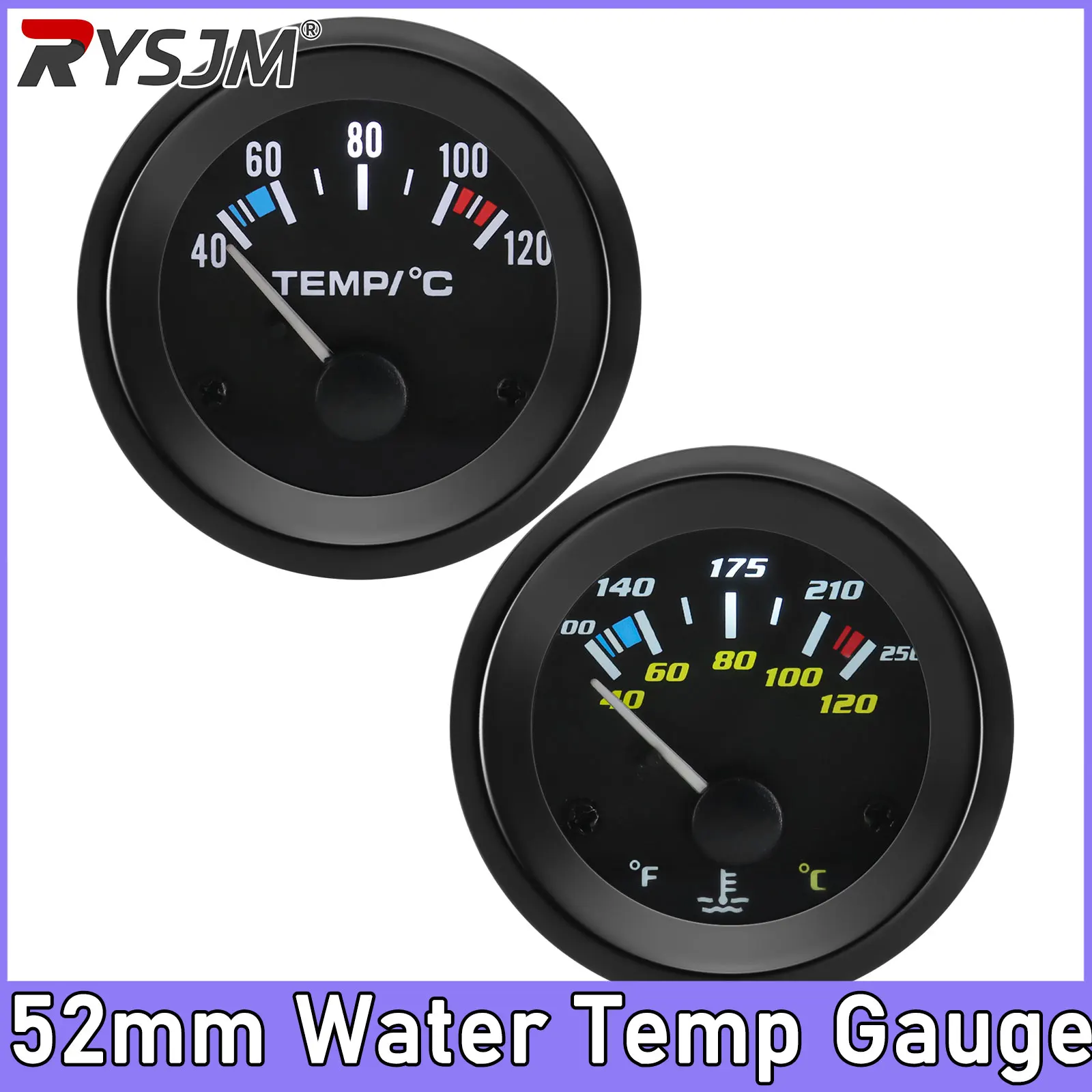 Indicador de Temperatura del Agua para Automóvil, 2 Pulgadas, 52 mm, 40~120 Grados Celsius / 100~250 Grados Fahrenheit, 12 V, Instrumento para Automóvil, Bisel Negro