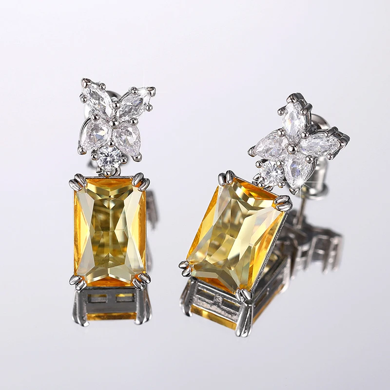 New Simple and Elegant Square Cubic Zirconia Earrings Bling Yellow CZ Dangle  Luxury Women Wedding Engagement Jewelry