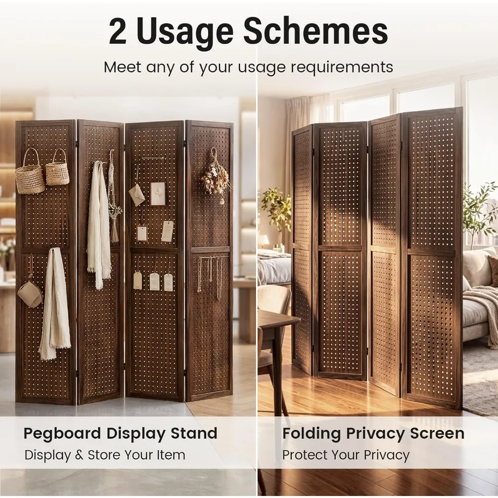 4 Panel Pegboard Room Divider, Folding Privacy Screen, Brown