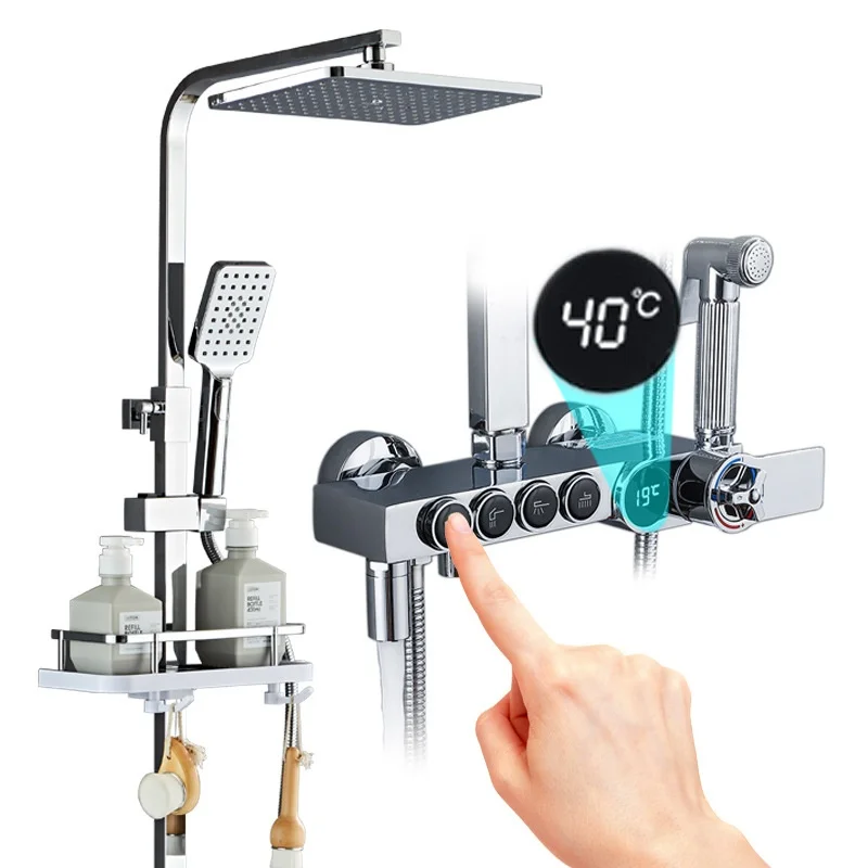 Set doccia in ottone con display digitale a LED argento di lusso Set doccia con 4 chiavi Rubinetti Miscelatori Set doccia Miscelatore doccia termostatico