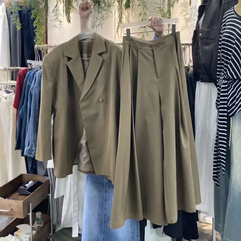 BJTZ Einfarbige, langärmelige Revers-Anzugjacke mit schrägen Knöpfen + Hose mit weitem Bein, 2023, neue Mode für Frühling und Sommer