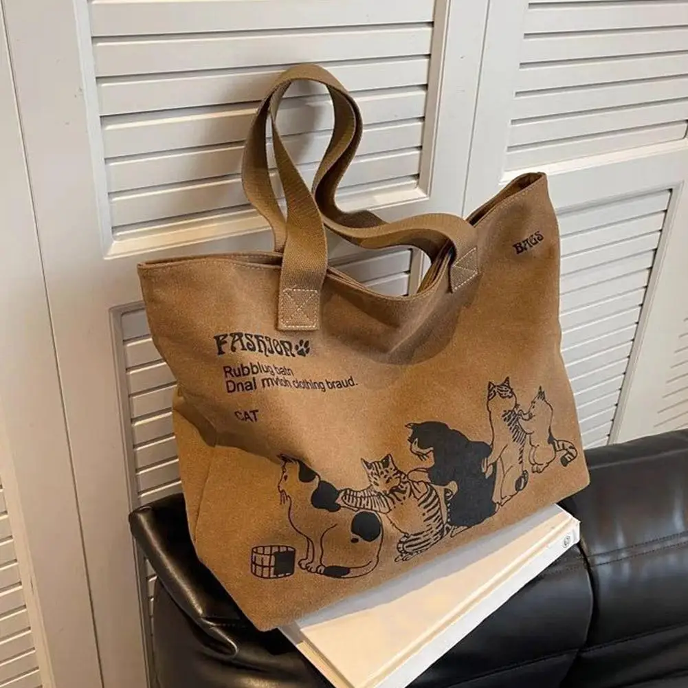 Large Capacity Canvas Tote Bag for Women Anime Cat Print Single Shoulder Bag Japanese Style Student Commute Handbag