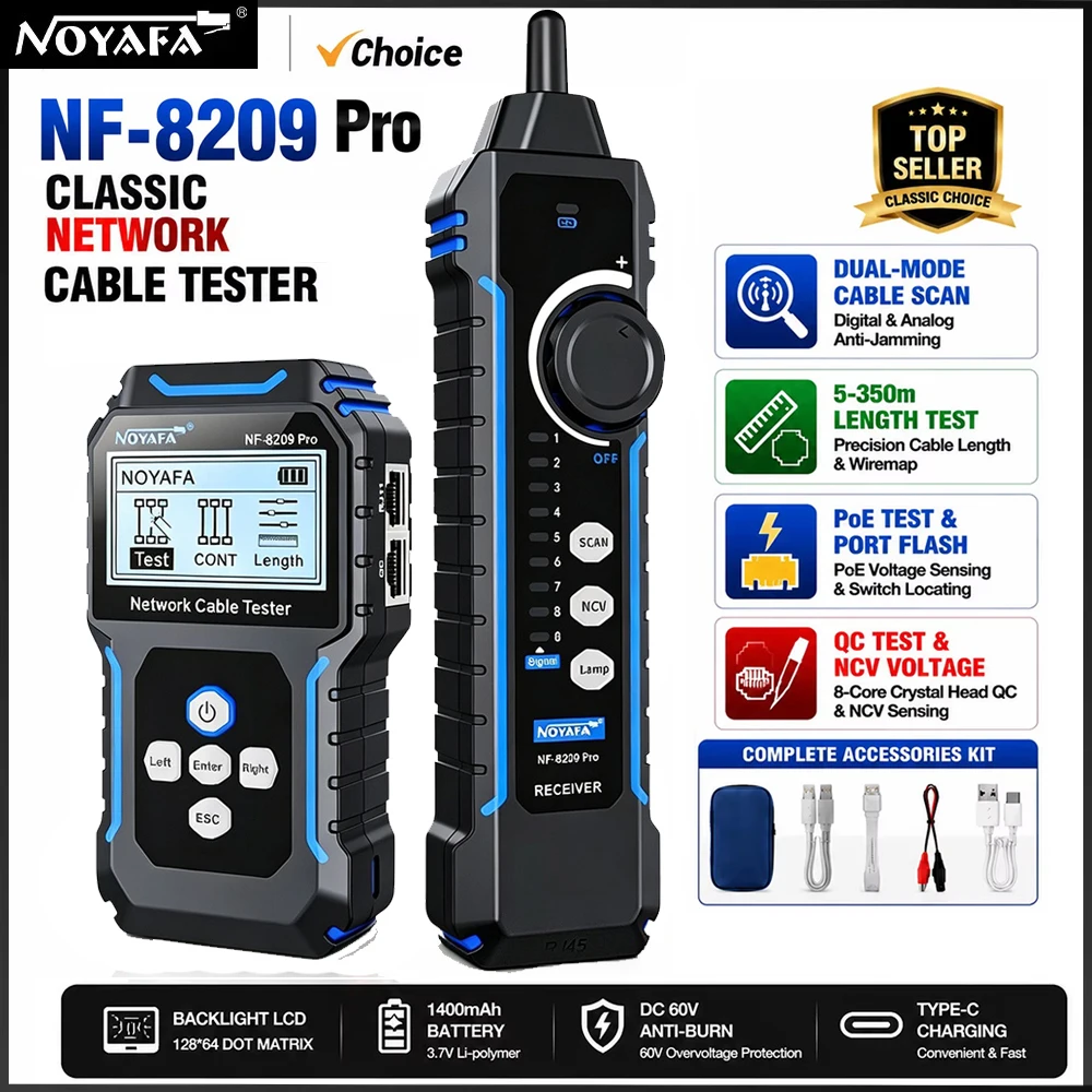 NOYAFA NF-8209Pro Network Cable Tester Cable Tracker for Cat5 Cat6 PoE Tester Detect Length Continuity Test with NCV Lamp