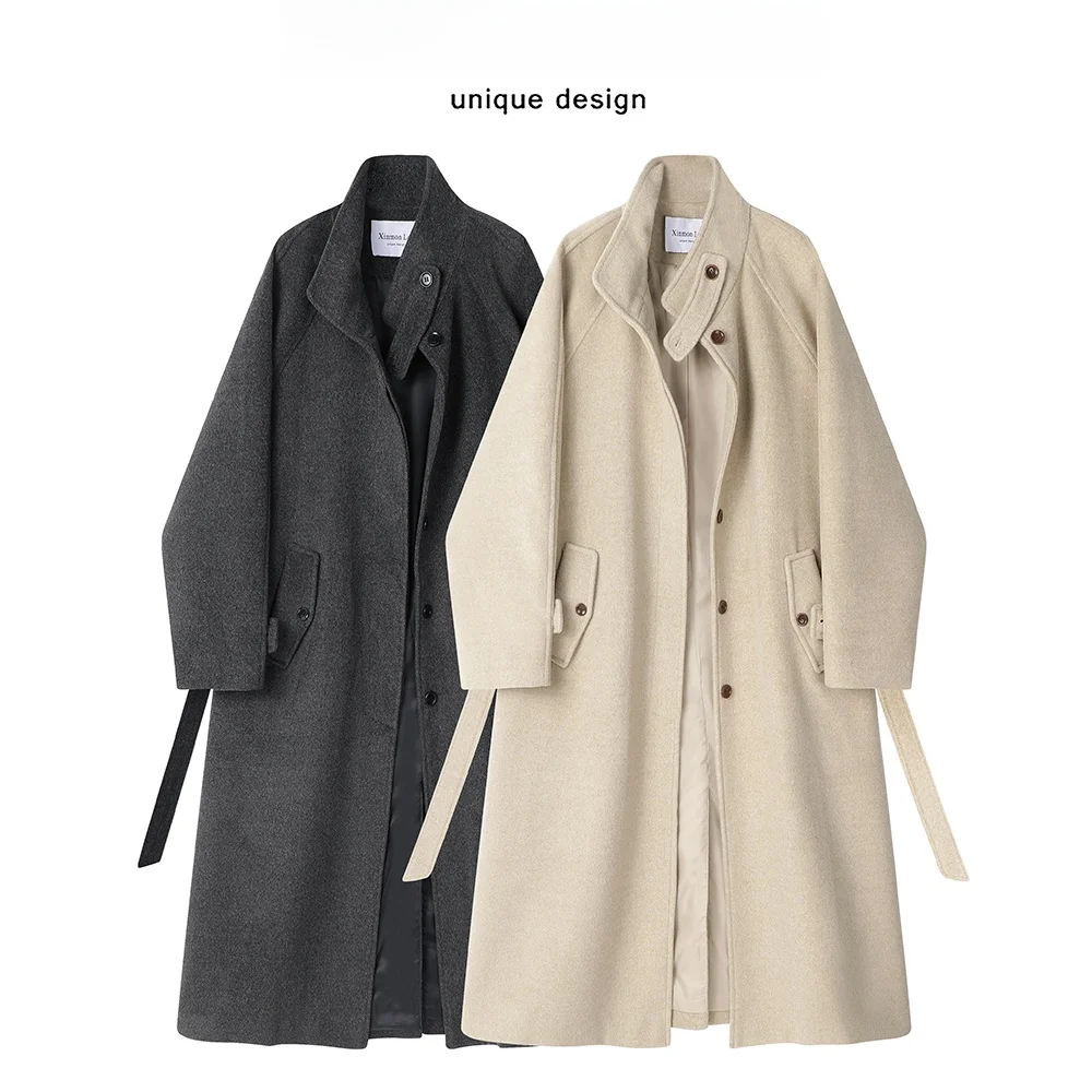 

Ele Long Stand Collar Woolen Coat Slimming Korean Sle Commute Straight Tube Design Single Button Pure Color Winter Oute...