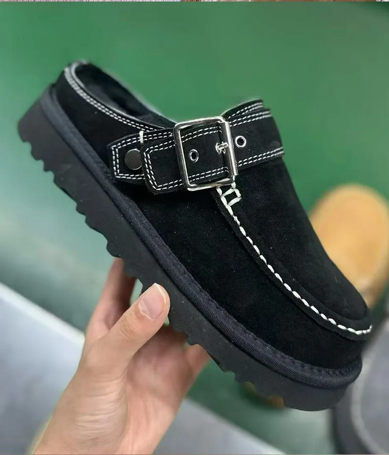 Neue Damen-Schlappen aus Rindsleder und Wolle, Schneestiefel mit Zehenkappe, erhöhte Sohle, warm, stoßdämpfend, dicke Sohle, lässig, für Paare – Detail 13