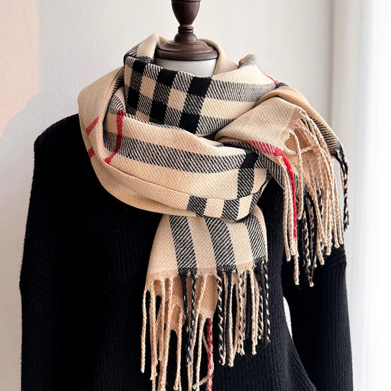 

Fashion Scarf for Women, New Winter Luxury Shawl, Vintage Checked, Warm 100% Cashmere Classic Fringe Scarf, Size 190*45cm