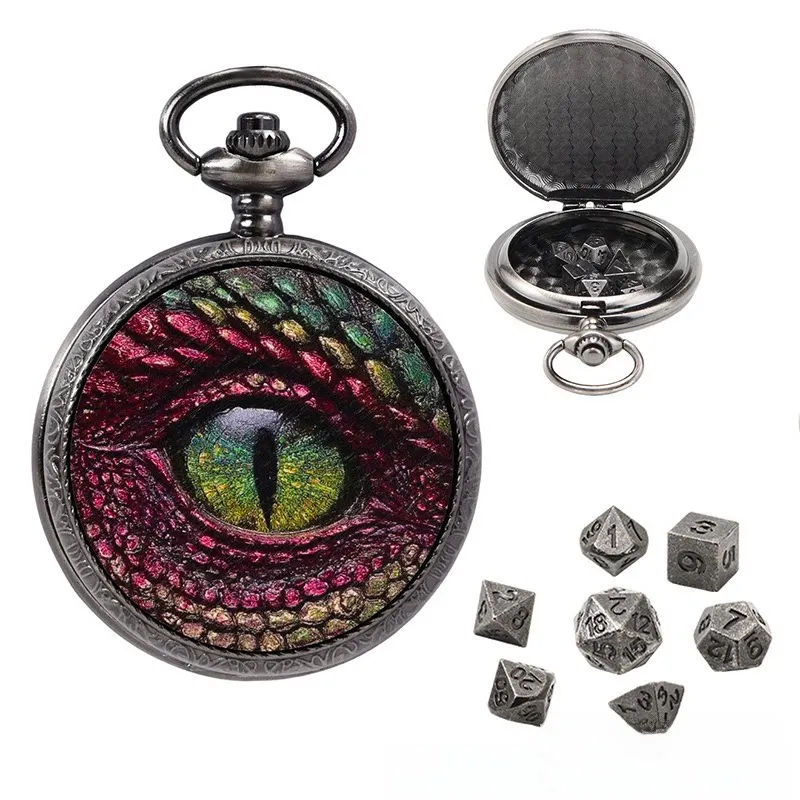 7Pc Vintage Dragon Eye Pocket Watch Dice Container Openable Lid Watch Shell Frame Zinc Alloy TTRPG Tabletop Polyhedral Dice Gift