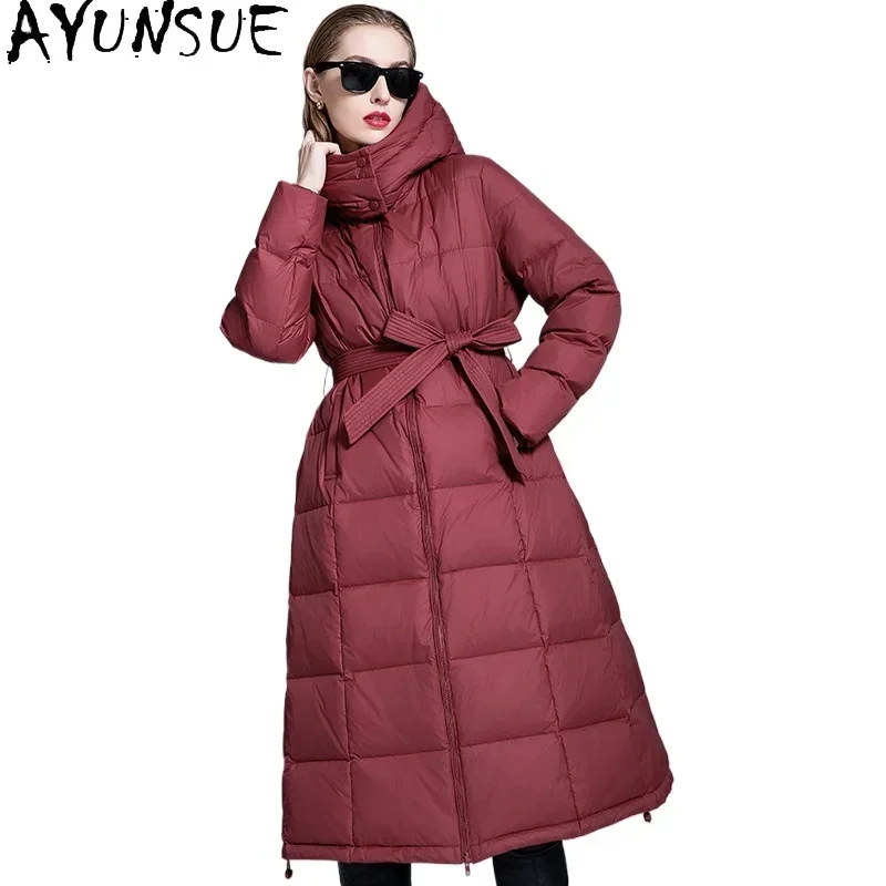 AYUNSUE White Duck Down Puffer Jacket Women 2024 New Arrivals Long Burgundy Down Coats Winter Luxury Clothes Пуховик Женский