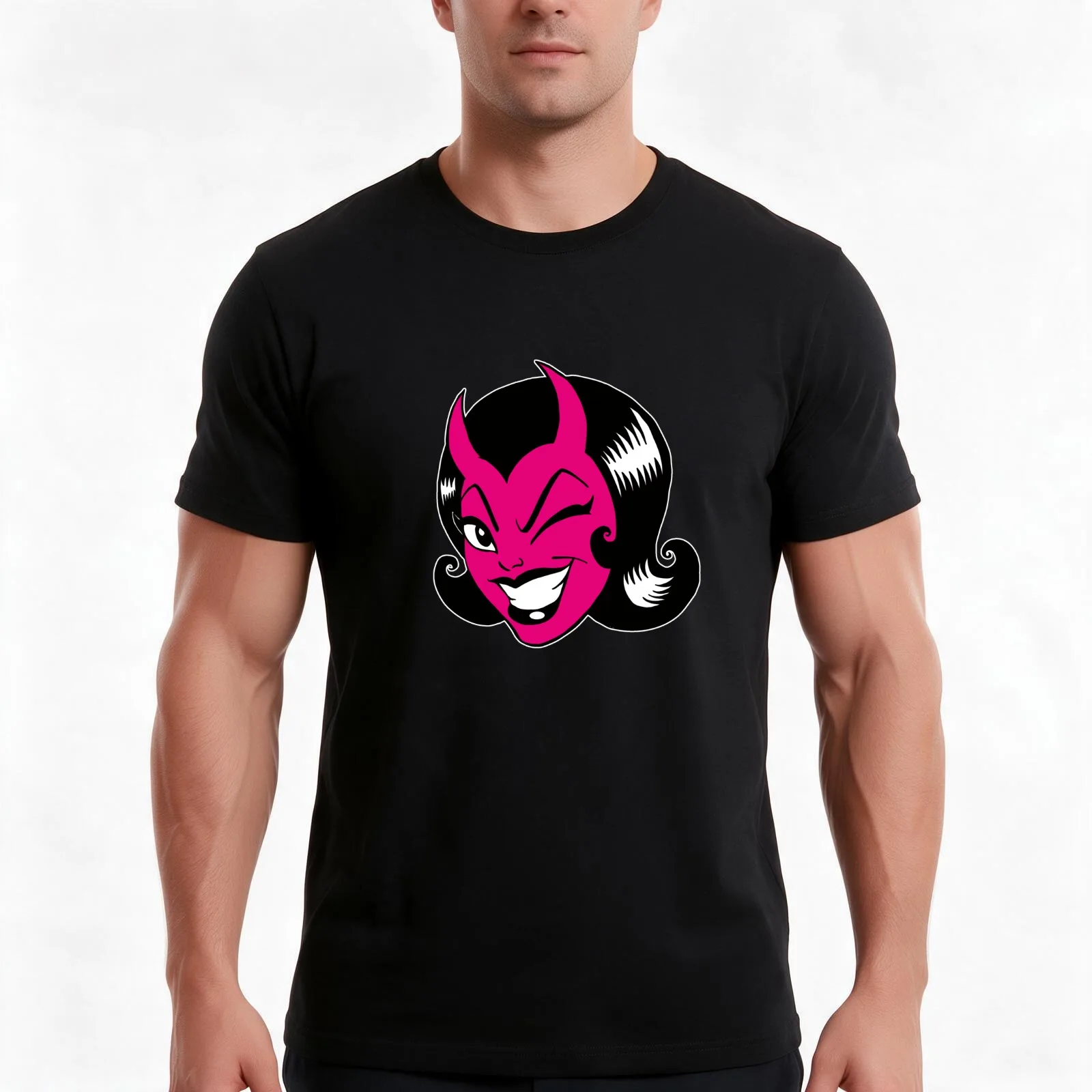 Winking Devil Girl T-Shirt, Summer Casual Cotton Tee, Oversized Streetwear Tops, Vintage Graphic Print, Loose Fit Short Sleeve