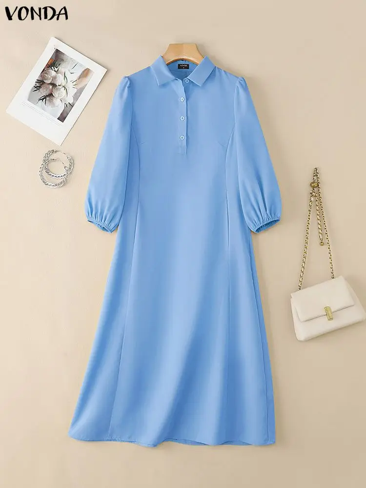 5XL Office Lady Abito lungo Plus Size Donna Vestito estivo 2025 VONDA Moda Manica 3/4 Risvolto Collo Abito vintage Casual Abiti larghi