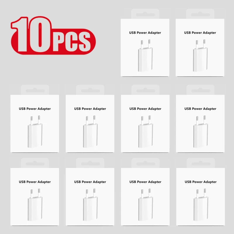 10 PCS EU Plug USB Charger for Apple iPhone 6 6S 7 8 14 Plus 13 12 mini 11 Pro XS Max XR X SE 5 5S Power Adapter With Retail Box