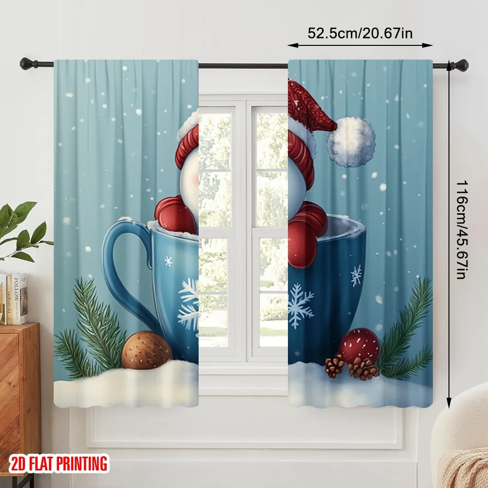 2pcs,2D plane printing Pattern Curtains Cute Snowman Coffee Mug Christmas (3) Durable 100% Polyester Fabric (without rod) Home