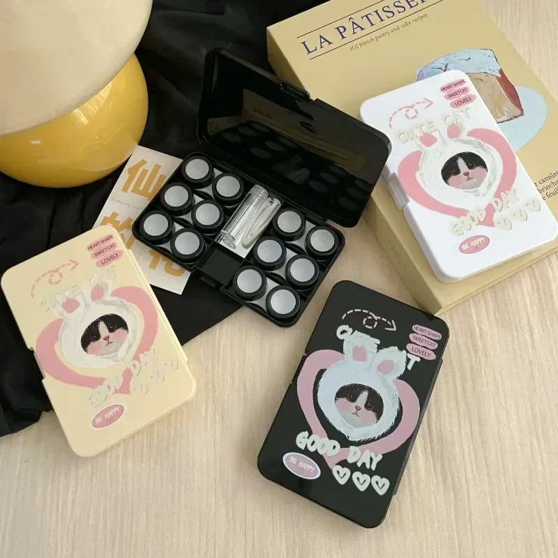 6 Pair/box Sweet Chic Contacts Lenses Organizer for Girl Cute Korean Fashion Kitten Eye Color Contact Lens Case with Mirrors