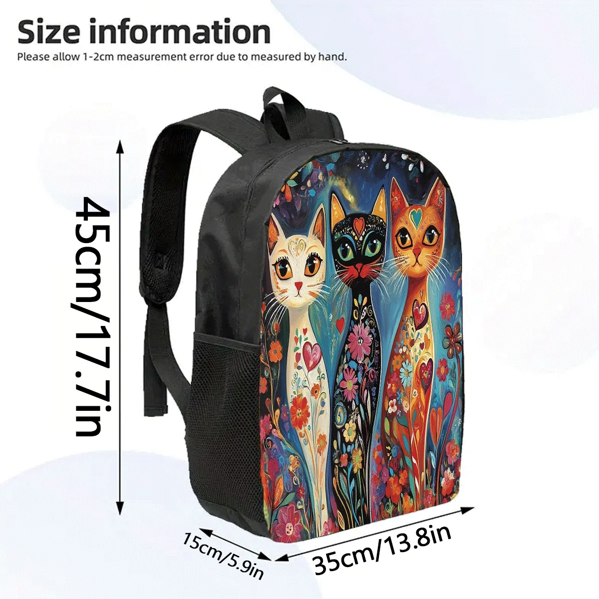 

1 colorful cartoon cat backpack - 17 inch large capacity, durable and lightweight, with adjustable shoulder straps, floral