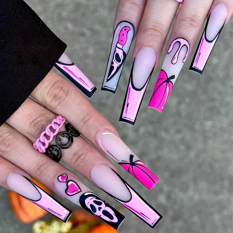 

24PCS Kawaii Halloween Press-On Nails - Pink & Hot Pink Ghosts Hearts & Pumpkins Long Ballet Stiletto