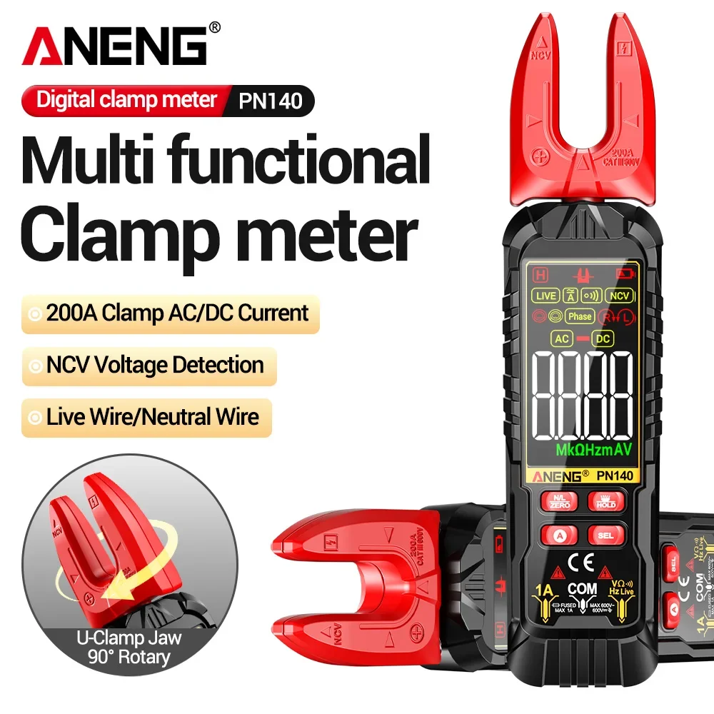 ANENG Clamp Meter Multimeter Automatic Recognition PN140 Smart Jaw 90°Rotary U-Clamp VA Color Screen Digital Electrician Tools