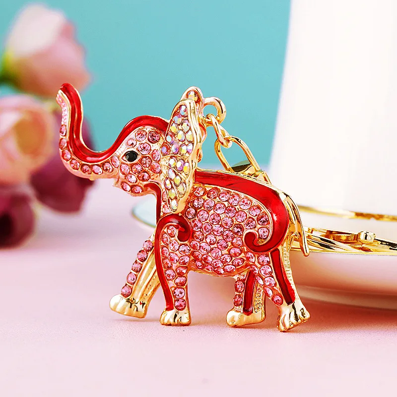 3D Auspicious Elephant Key Holder Chains Whole Enamel Colorful Crystal Bag Pendant Keyrings KeyChains