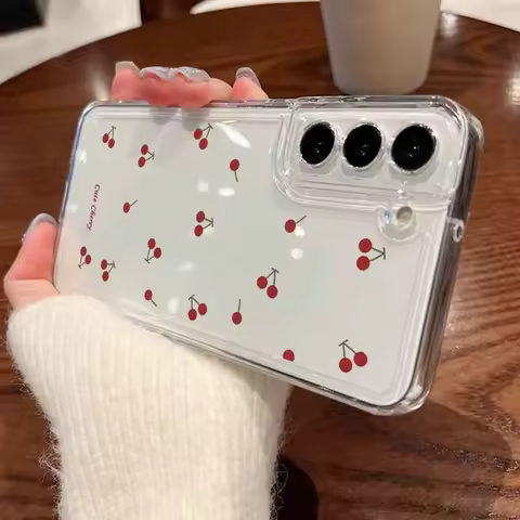 Cherry Bowknot Clear Case For Samsung Galaxy A17 A16 A56 A36 A26 A15 A55 A54 5G S25 Edge S24 S23 S22 Ultra Plus S24 FE TPU Cover