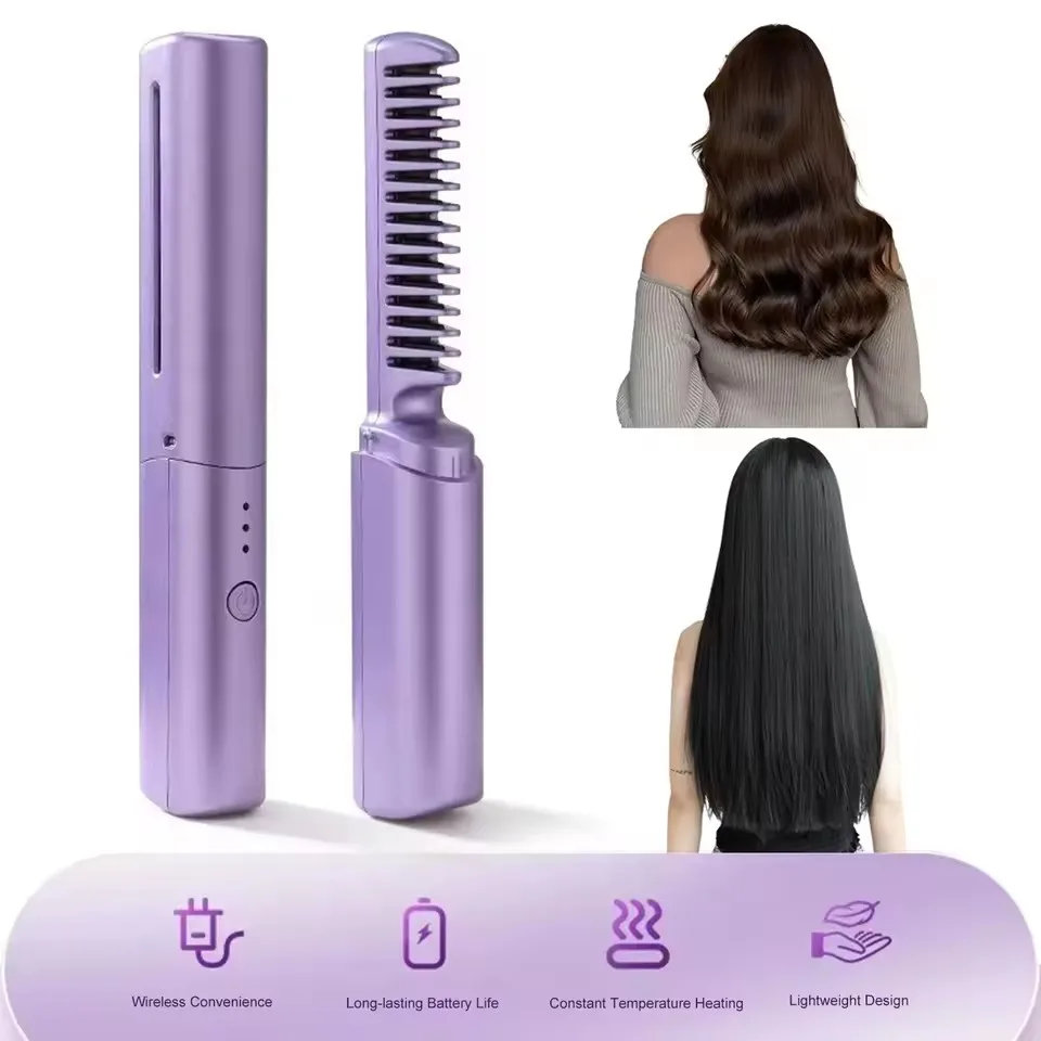 Mini Wireless Professional Hair Straightener Curler Comb USB Charging Fast Heating Negative Ion Curling Brush Styling Tools