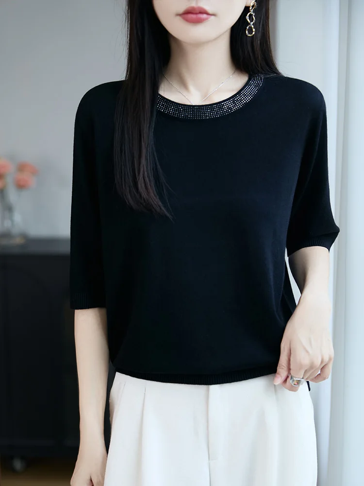 Rundes Ne ort Sve-Strick-T-Shirt für Damen mit Strassverzierung f Sve, lässig, lockere Passform, atmungsaktiv, normale Länge