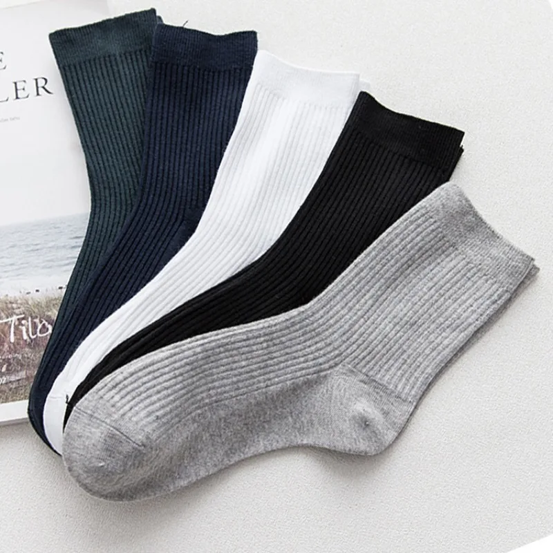 Autumn and Winter Men's Middle Tube Socks Cotton Business Men's SocksSolid Color Striped Long Tube Sock White Collar Sock