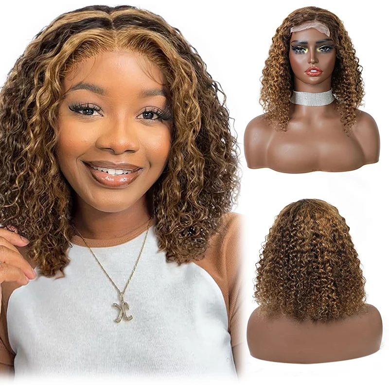 

4x4inch Lace Frontal Jerry Curl Bob Wig 100% Human Hair P4/27# Wig Pre Plucked Natural Hairline Wig 150% Density Women