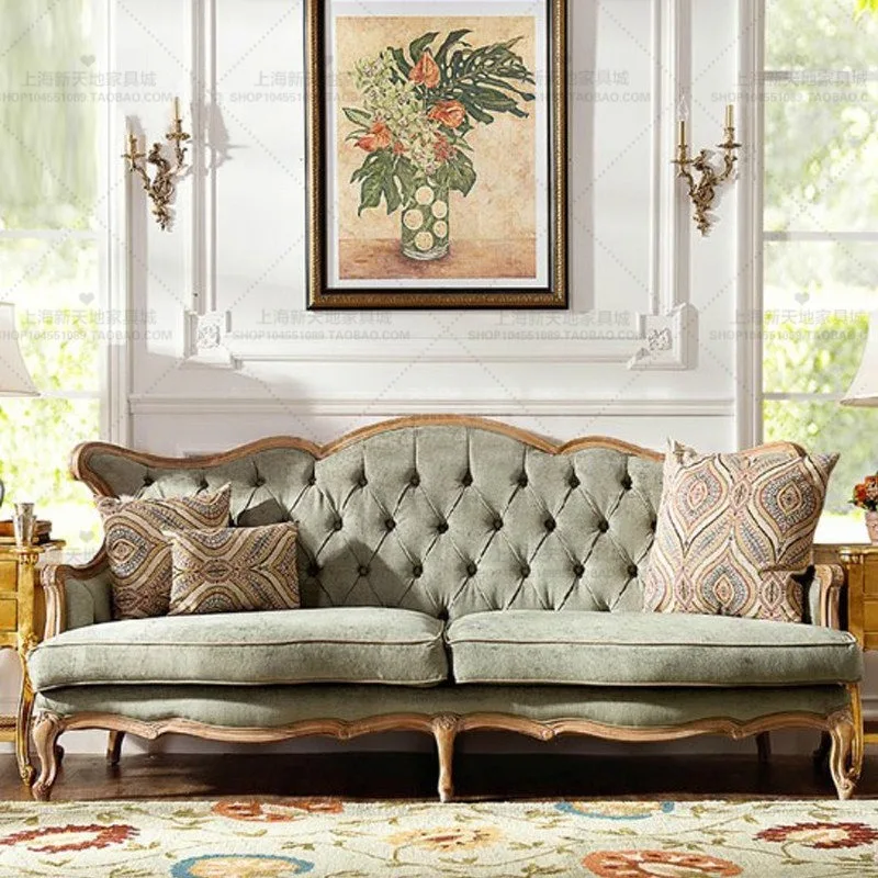 American rural solid wood sofa chair antique buckle fabric sofa, French retro leisure sofa single double triple