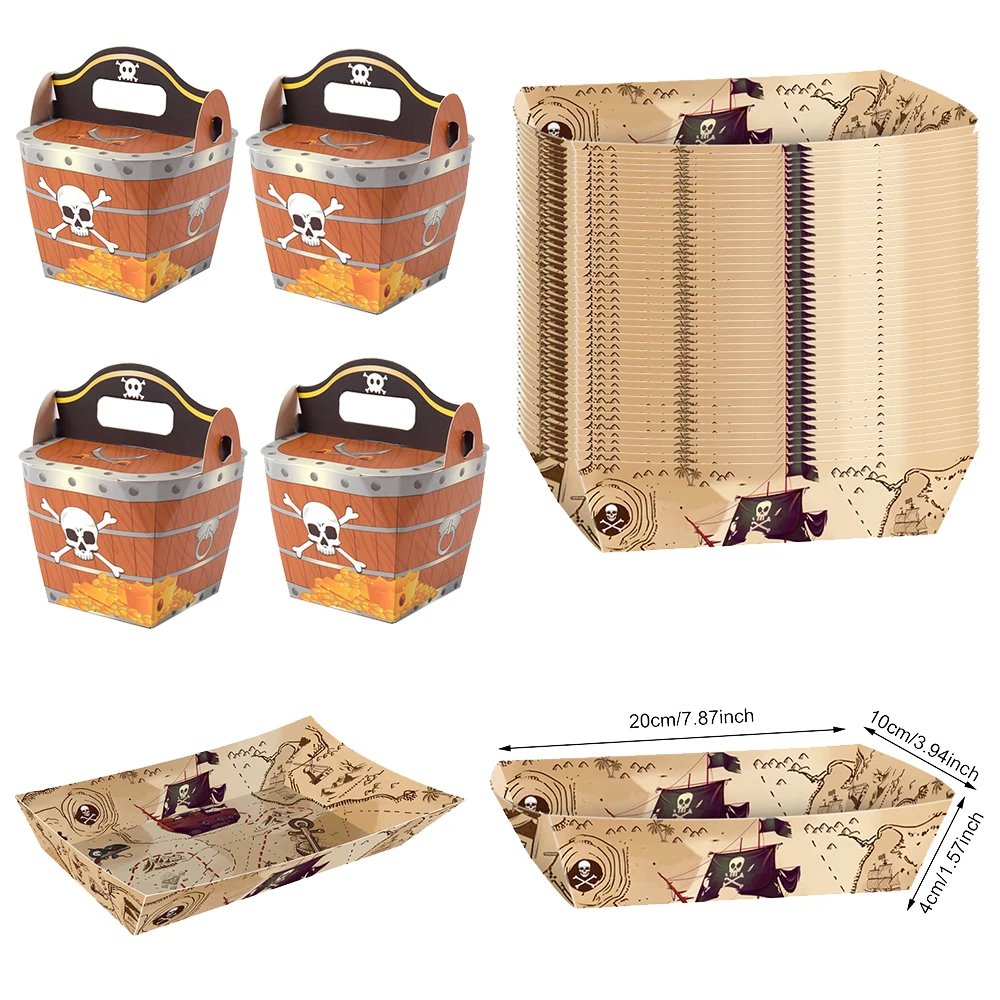 Bandejas de papel para servir comida pirata, cajas de regalos del Tesoro pirata para niños, juego, tema pirata, suministros de decoración para fiesta de cumpleaños, 6/12/24 Uds.