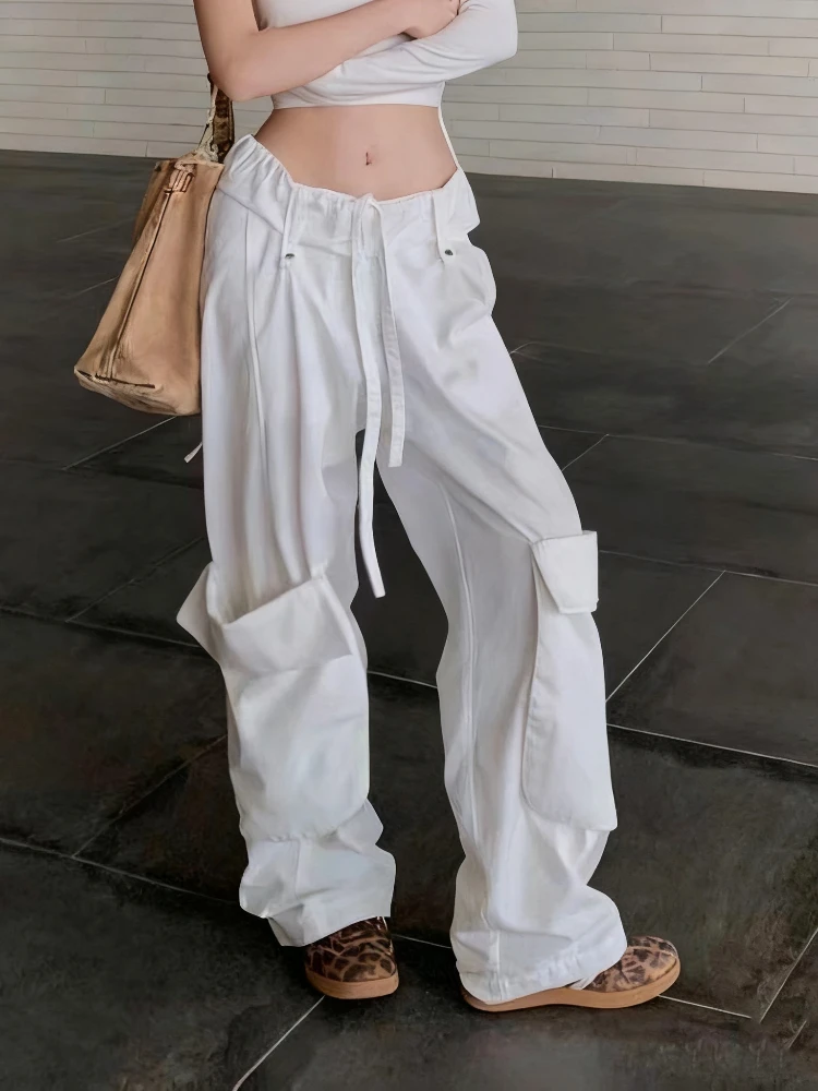 Women's Y2K Sweet Edgy White Set - High Waist Wide Leg Cargo Pants with Drawstring & One-Shoulder Crop Top for Spring Summer EMO