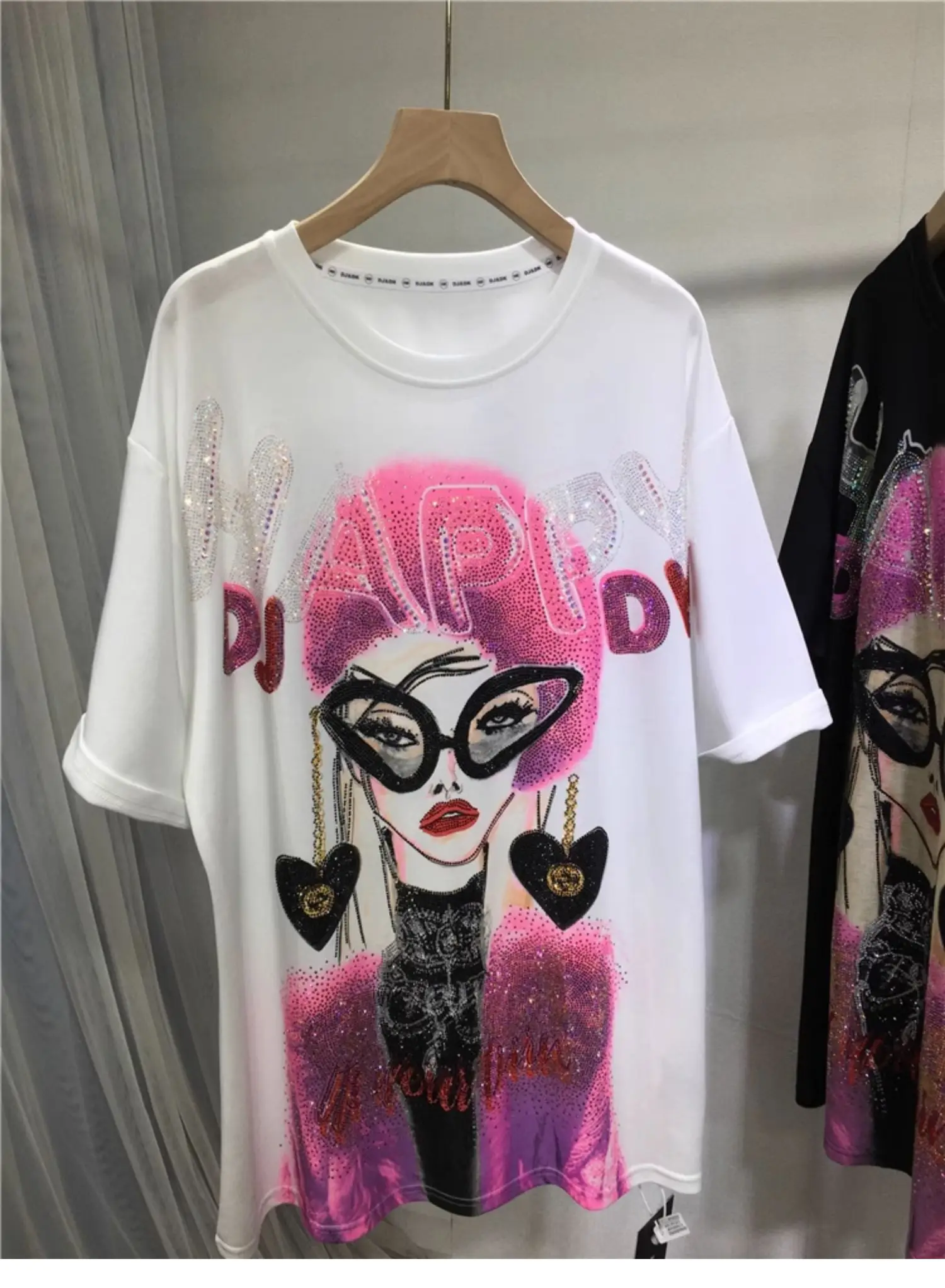 European Goods Hot Drilling T-shirt Female Fashion Cartoon Loose Mid-Length Short Sleeve Round Neck Top Summer Women Clothing