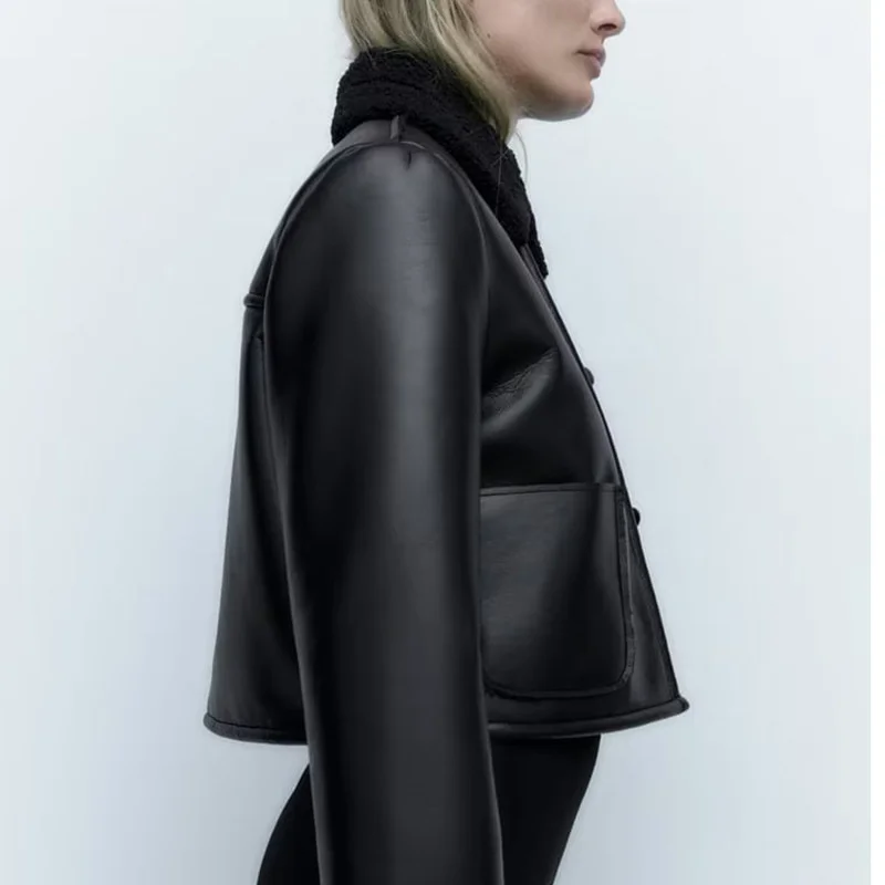 Veste en cuir PU pour femme, manteau en fourrure noire, en molleton d'agneau, Double face, à simple boutonnage, nouvelle collection automne hiver 2023