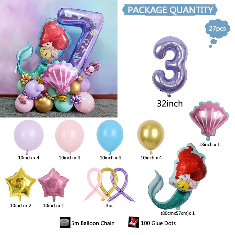 Disney Mermaid Princess Ariel Cartoon Purple Number Balloons 1-6 Year Foil Balloon Kids Shower Girl Birthday Party Decors Supply