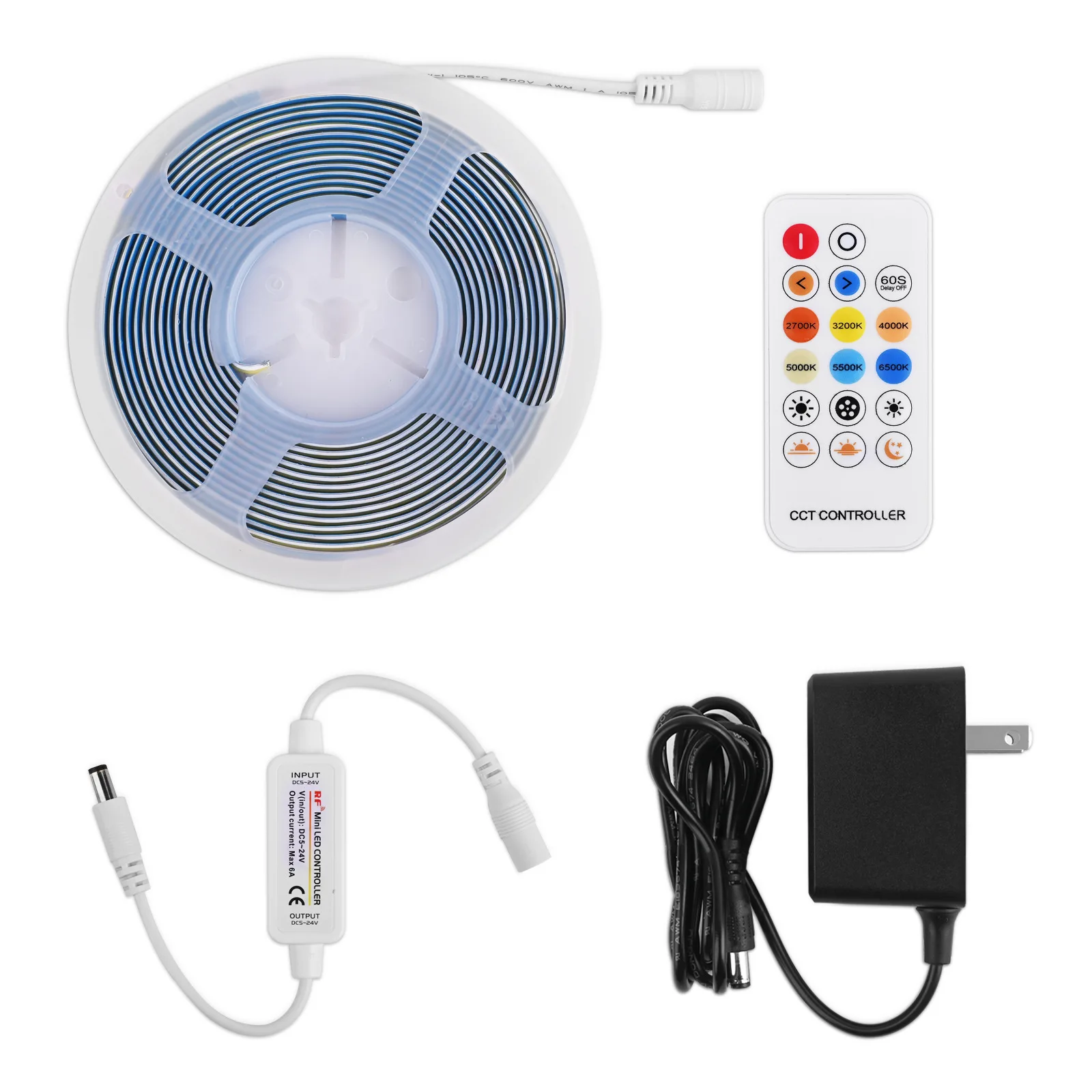 5m無段階調光cct-cob-ledストリップライト-24v-ledフレキシブルストリップライト-デュアルカラー温度設定