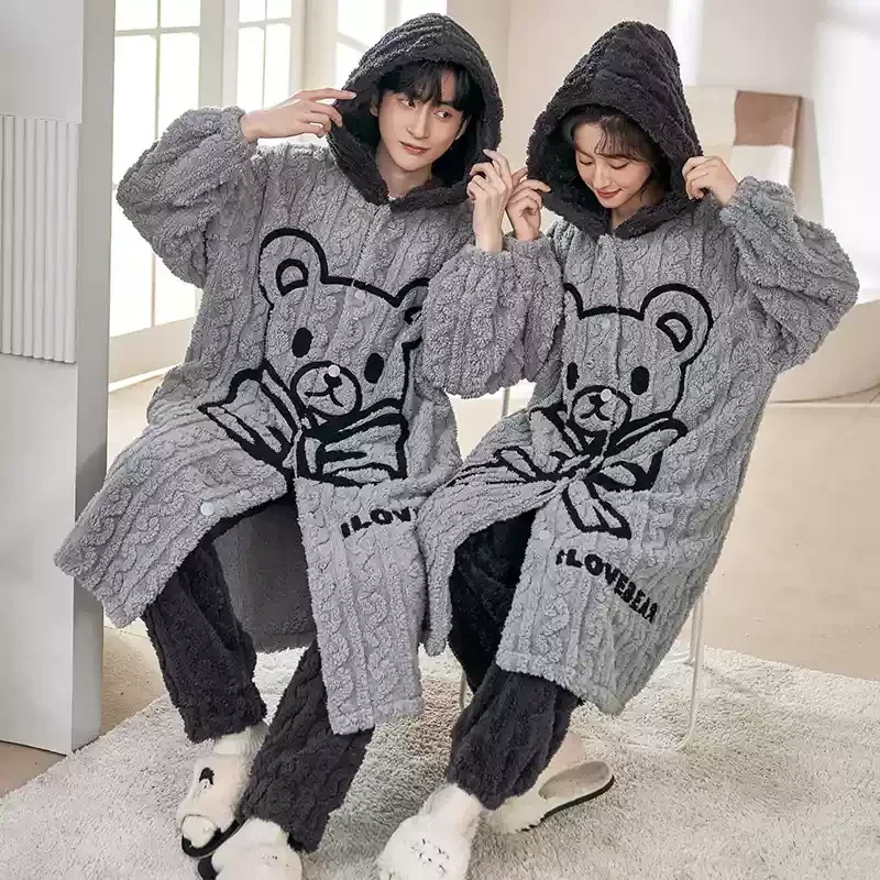 Winter Warme Nachtkleding voor Koppels Cartoon Schattige Beer Flanel Nachtkleding Vrouwen en Mannen Bijpassende Pyjama Met Capuchon Reed Broek Loungewear