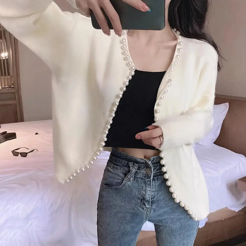 Versatile Women Outerwear Elegant Faux Pearls Trim Knitted Cardigan Coat for Women Stylish Open Front Sweater with Crew Collar